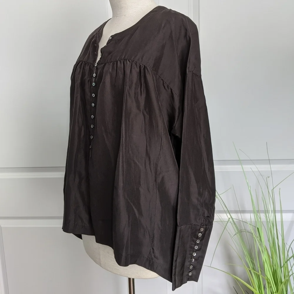Free People Silk Blouse Button Front Long Sleeve Shirred Oversized Black M NWT